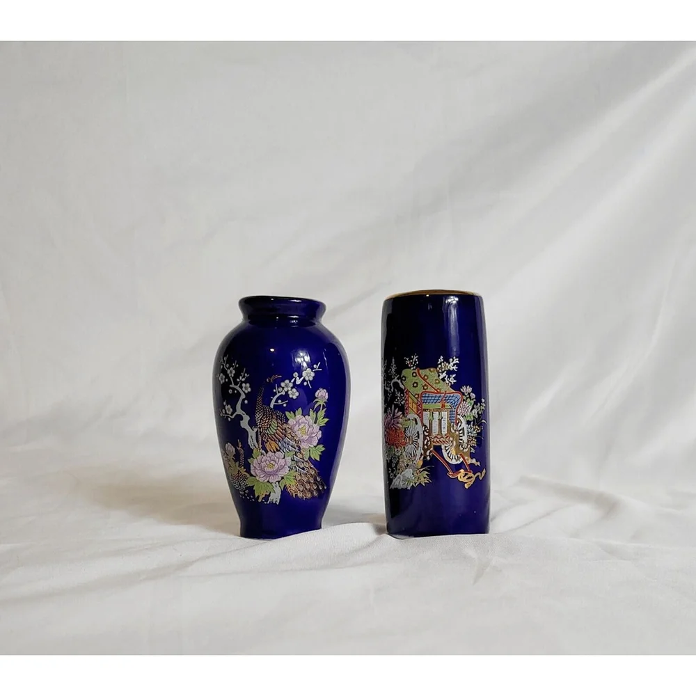 2 Vintage Miyako Mini Vases Cobalt Blue W/ Gold‎ Accents Floral & Peacock